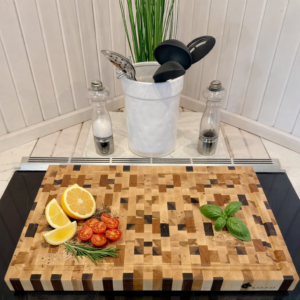 Mixed‑Species End Grain Cutting Board – Maple, Cherry & Walnut – 22"×16"×1-1/2"