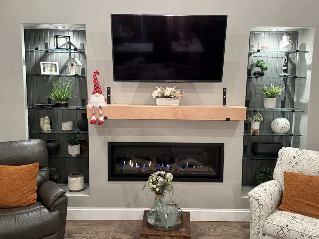 Maple fireplace mantle with built in display shelving