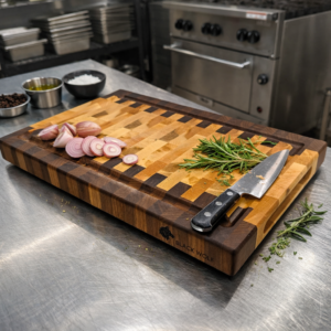 Maple and Walnut End Grain Cutting Board, dressed with garnish and chefs knife