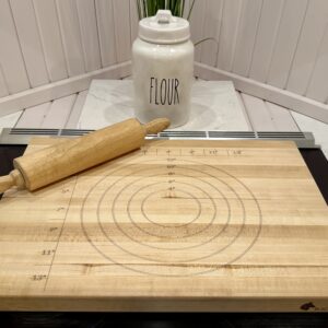 Maple pastry rolling board with laser engraved circular guides and ruler